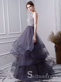 Grey Tulle 3D Flowers Backless Beading High Neck Long Prom Dress Evening Gowns SED046