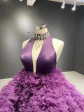 High Low Grape Layered Ball Gown High Neck Wedding Dress RSM67507|Selinadress