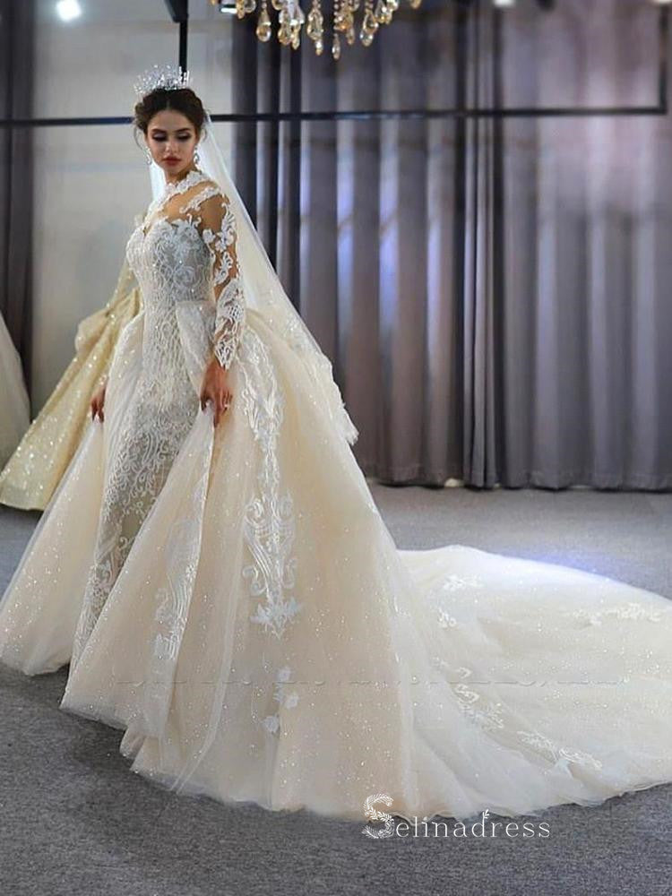 High Neck Detachable Train Mermaid Wedding Dresses With Long Sleeve Br SELINADRESS High Neck Detachable Train Mermaid Wedding Dresses With Long Sleeve Br SELINADRESS