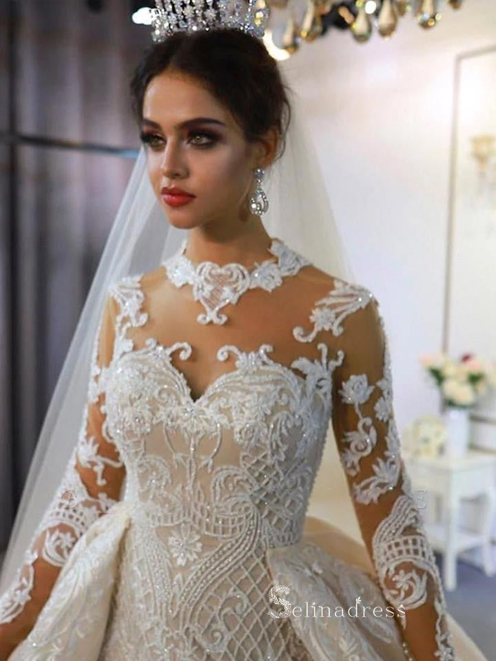 High Neck Detachable Train Mermaid Wedding Dresses With Long Sleeve Br SELINADRESS High Neck Detachable Train Mermaid Wedding Dresses With Long Sleeve Br SELINADRESS
