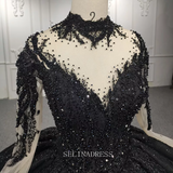High Neck Long Sleeve Black Beaded Princess Ball Gown Elegant Evening Dress Formal Dress DY9979 Selinadress