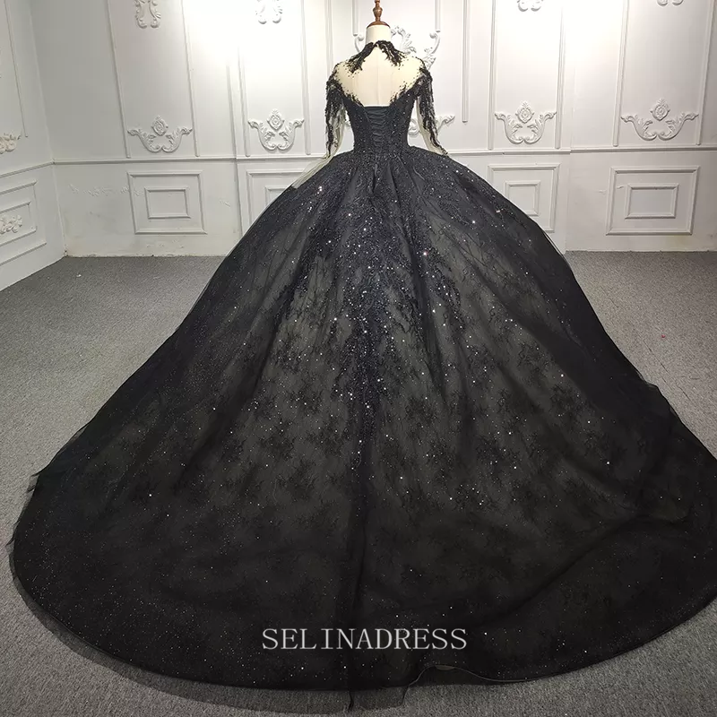 High Neck Long Sleeve Black Beaded Princess Ball Gown Elegant Evening SELINADRESS High Neck Long Sleeve Black Beaded Princess Ball Gown Elegant Evening SELINADRESS