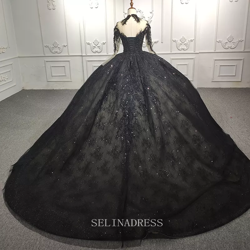 Vintage High Neck Black Sequin Prom Dresses Ball Gown for Debut FD1218 –  Viniodress