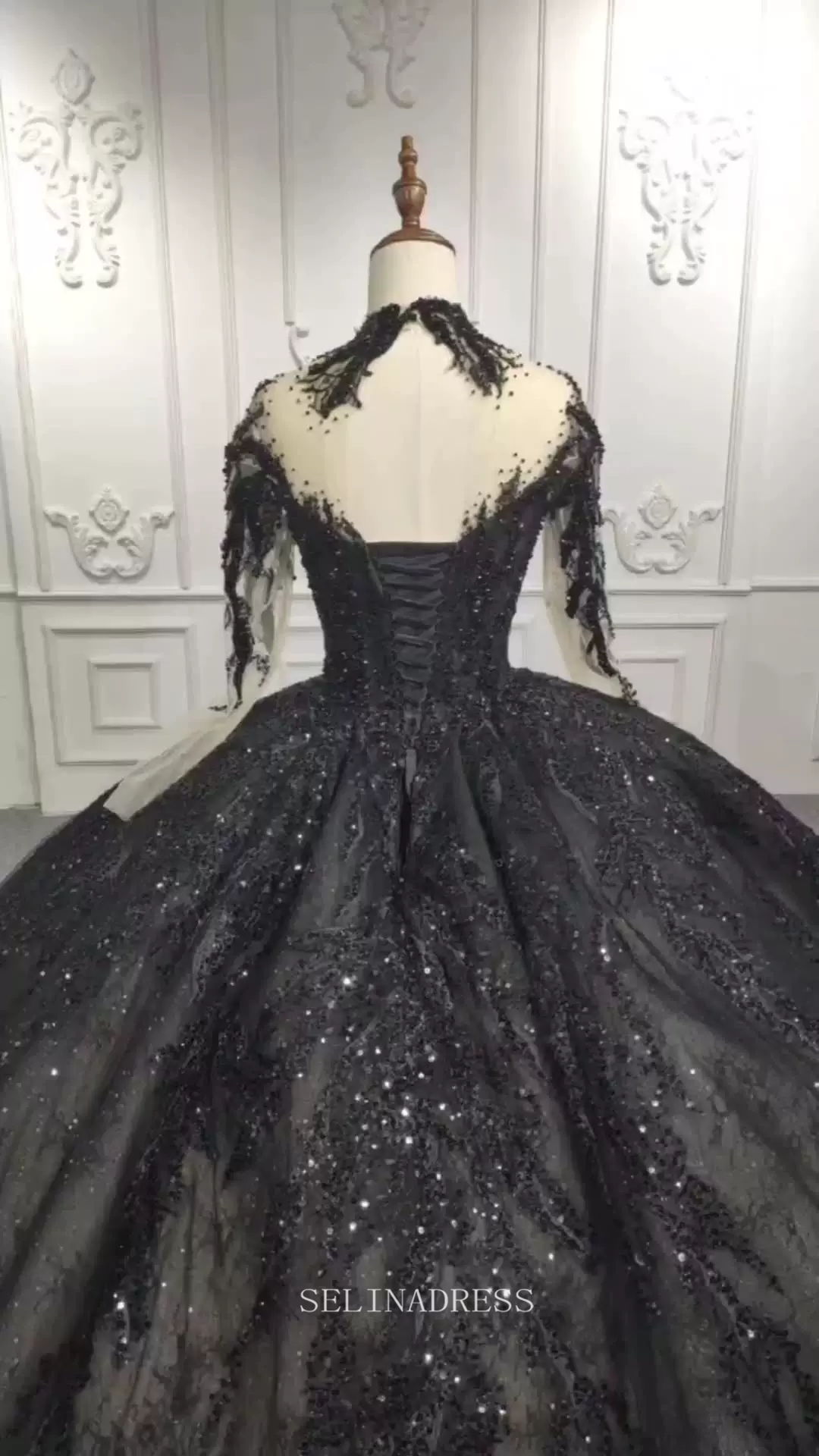 High Neck Long Sleeve Black Beaded Princess Ball Gown Elegant Evening – SELINADRESS