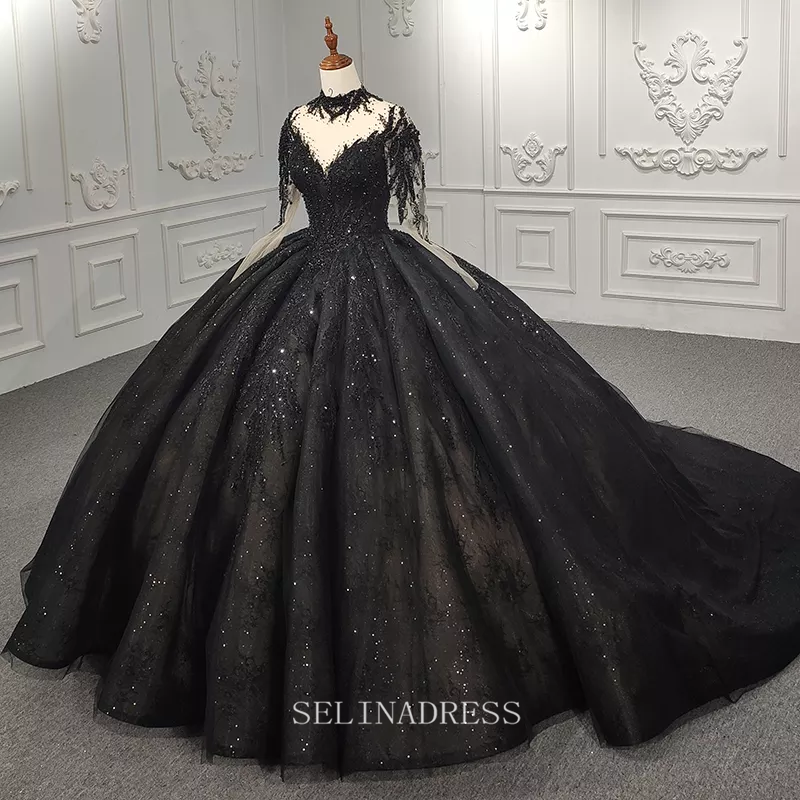 High Neck Long Sleeve Black Beaded Princess Ball Gown Elegant Evening Dress Formal Dress DY9979 Selinadress High Neck Long Sleeve Black Beaded Princess Ball Gown Elegant Evening Dress Formal Dress DY9979 Selinadress