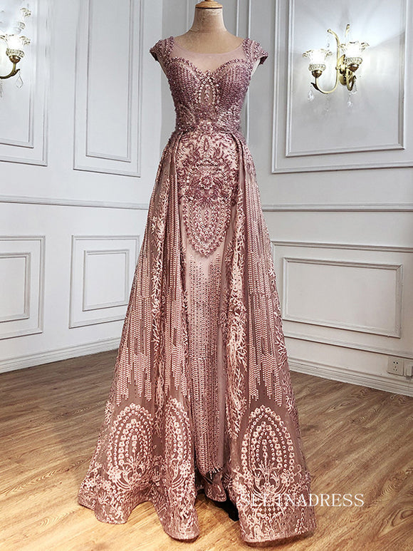 High Quality luxury Scoop Beaded Pink Prom Dress Dubai Evening Formal Gowns hlkS001