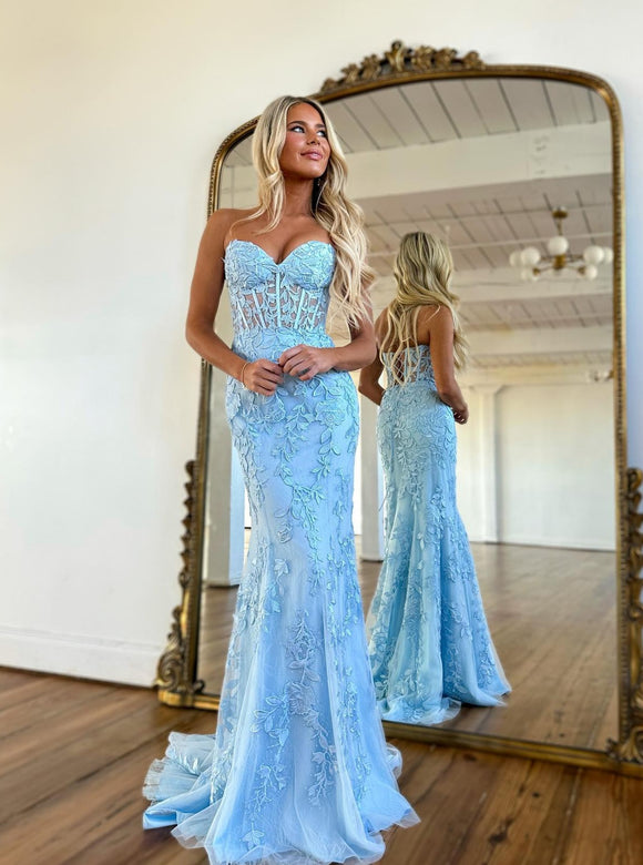 Sky Blue Mermaid Satin Prom Dress Sweetheart Fitted Evening Gowns Chic –  Flora Prom
