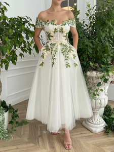 Ivy Leaf Floral Wedding Dress Tea Length Off The Shoulder Prom Dresses Princess Evening Gowns POL016|Selinadress