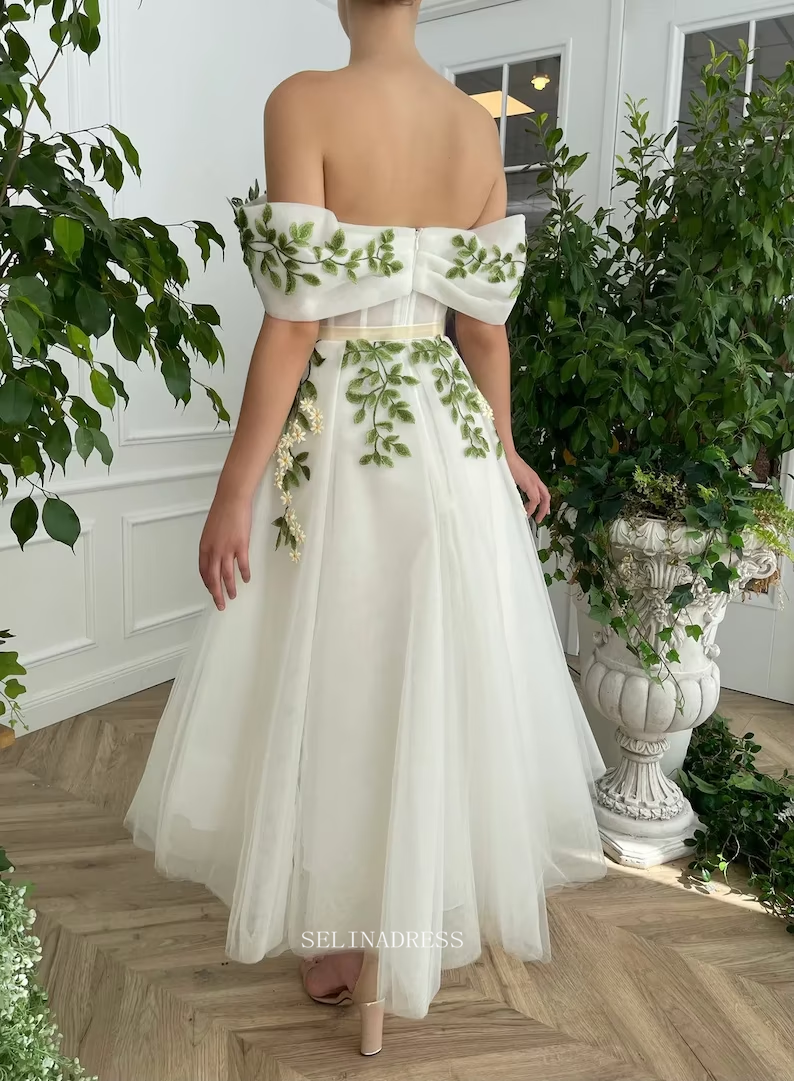 Ivy Leaf Floral Wedding Dress Tea Length Off The Shoulder Prom