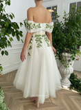 Ivy Leaf Floral Wedding Dress Tea Length Off The Shoulder Prom Dresses Princess Evening Gowns POL016|Selinadress
