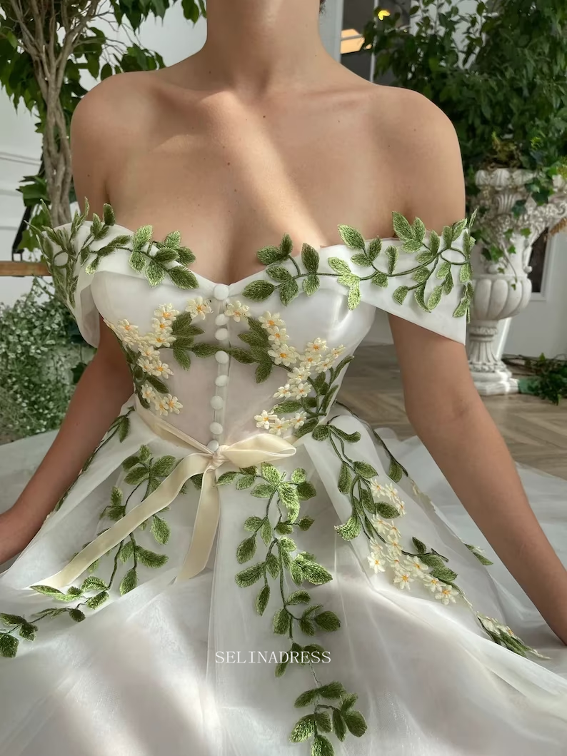 Ivy Leaf Floral Wedding Dress Tea Length Off The Shoulder Prom Dresses SELINADRESS Ivy Leaf Floral Wedding Dress Tea Length Off The Shoulder Prom Dresses SELINADRESS