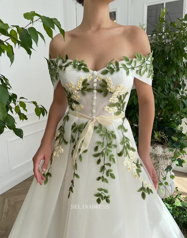 Ivy Leaf Floral Wedding Dress Tea Length Off The Shoulder Prom Dresses SELINADRESS Ivy Leaf Floral Wedding Dress Tea Length Off The Shoulder Prom Dresses SELINADRESS