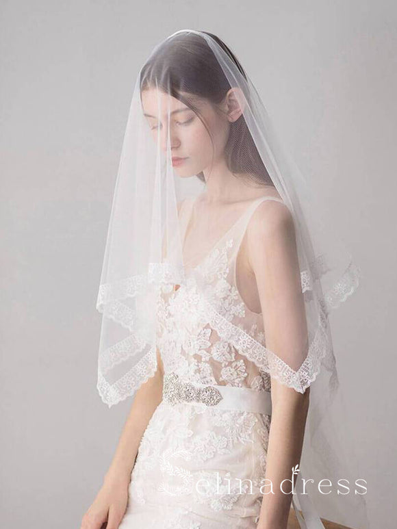 Lace Hemline Ivory Tulle Wedding Veils ALC010