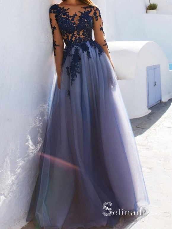 Lavender and Blue Long Prom Dresses A-line Bateau Long Sleeve Prom Gowns Formal Dresses SE007