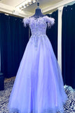 Lavender Feathers A-line Off-the-shoulder Prom Dress Beaded Formal Dress#QWE005