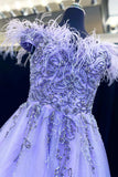 Lavender Feathers A-line Off-the-shoulder Prom Dress Beaded Formal Dress#QWE005