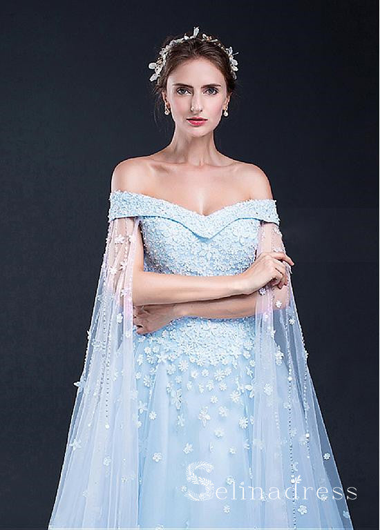 Ligh Sky Blue Long Prom Dresses Off Shoulder Applique Cheap Foraml Dre SELINADRESS Ligh Sky Blue Long Prom Dresses Off Shoulder Applique Cheap Foraml Dre SELINADRESS