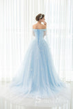 Ligh Sky Blue Long Prom Dresses Off Shoulder Applique Cheap Foraml Dress SED108