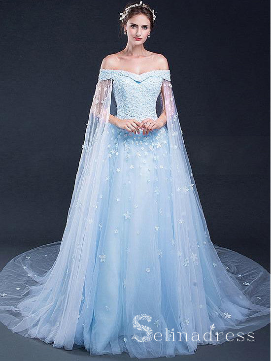 Ligh Sky Blue Long Prom Dresses Off Shoulder Applique Cheap Foraml Dress SED108