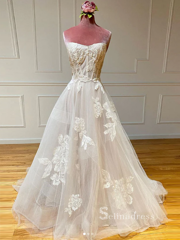 Light champagne A-line Strapless Lace Wedding Dress Applique Formal Dress cbd501|Selinadress