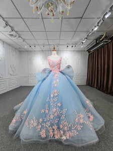 Light Sky Blue Ball Gown Long Formal Dress Pink 3D Floral Quinceanera Dresses MLH06987|Selinadress