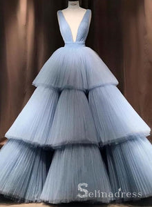 Light Sky Blue Deep V neck Tulle Long Prom Dress Cheap Formal Evening Dress SED126|Selinadress