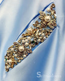 Light Sky Blue Spaghetti Straps Long Prom Dresses Beaded Pocket Evening Gowns SED026|Selinadress