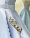 Light Sky Blue Spaghetti Straps Long Prom Dresses Beaded Pocket Evening Gowns SED026