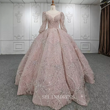 Long Fuff Sleeve Scoop Pink Beaded Ball Gown Sequined Tulle Evening Dress DY5660|Selinadress
