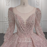 Long Fuff Sleeve Scoop Pink Beaded Ball Gown Sequined Tulle Evening Dress DY5660|Selinadress