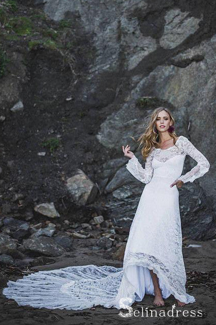Long Sleeve Beach Wedding Dresses Chapel Train Romantic Lace Bridal Go SELINADRESS Long Sleeve Beach Wedding Dresses Chapel Train Romantic Lace Bridal Go SELINADRESS