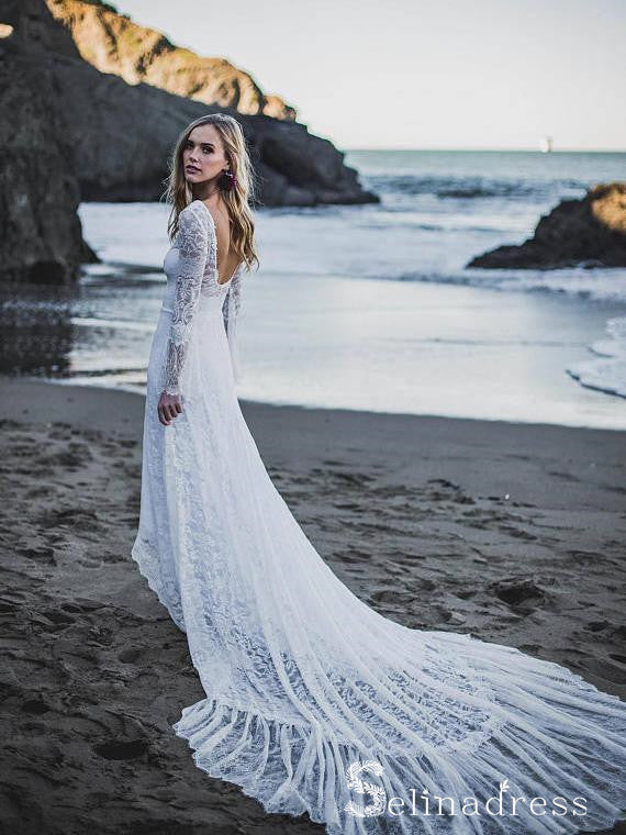 Long Sleeve Beach Wedding Dresses Chapel Train Romantic Lace Bridal Go SELINADRESS Long Sleeve Beach Wedding Dresses Chapel Train Romantic Lace Bridal Go SELINADRESS