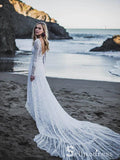 Long Sleeve Beach Wedding Dresses Chapel Train Romantic Lace Bridal Gown SEW038|Selinadress