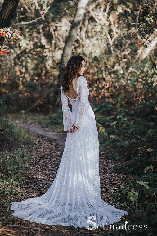 Long Sleeve Beach Wedding Dresses Chapel Train Romantic Lace Bridal Go SELINADRESS Long Sleeve Beach Wedding Dresses Chapel Train Romantic Lace Bridal Go SELINADRESS