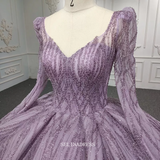 Long Sleeve Lilac Ball Gown Prom Dress Beaded Pageant Dress DY5667|Selinadress
