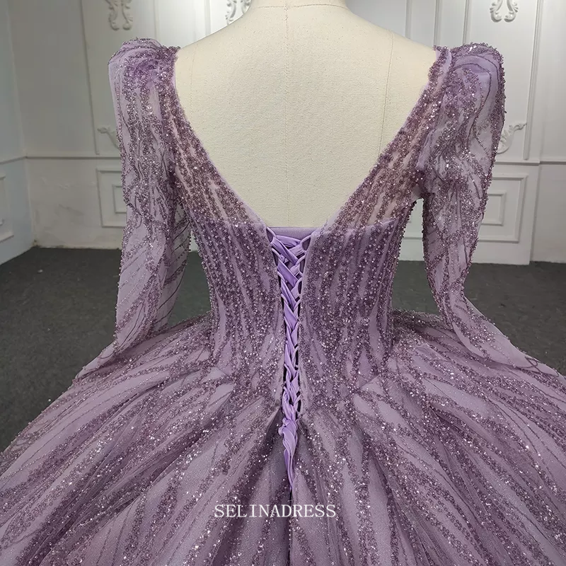 Long Sleeve Lilac Ball Gown Prom Dress Beaded Pageant Dress DY5667 SELINADRESS Long Sleeve Lilac Ball Gown Prom Dress Beaded Pageant Dress DY5667 SELINADRESS