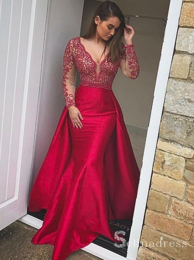 Long Sleeve Mermaid Prom Dresses Long Red Lace Gorgeous Formal Gowns ...