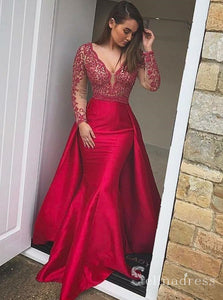 Long Sleeve Mermaid Prom Dresses Long Red Lace Gorgeous Formal Gowns SED016