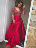 Long Sleeve Mermaid Prom Dresses Long Red Lace Gorgeous Formal Gowns SED016