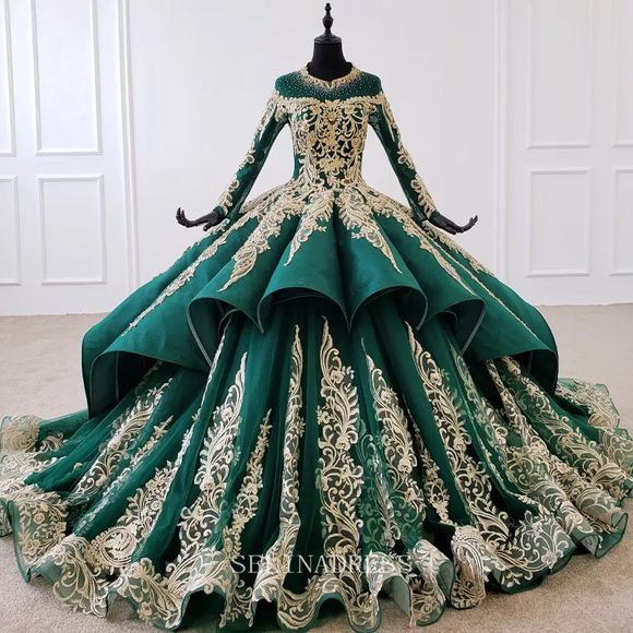 Long Sleeve Sequin Beaded Green luxury Dubai Gown Ball Gown Evening Dress HTL1100 Selinadress