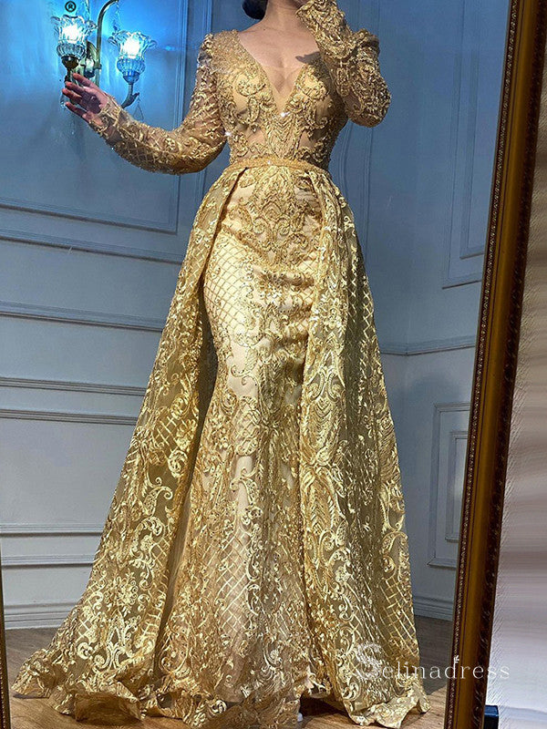 Long Sleeve V neck Burgundy Long Prom Dress Lace Beaded Evening Formal Gown SC031 - Us Size 2 / Gold Long Sleeve V neck Burgundy Long Prom Dress Lace Beaded Evening Formal Gown SC031 - Us Size 2 / Gold