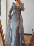 Long Sleeve V neck Burgundy Long Prom Dress Lace Beaded Evening Formal Gown SC031