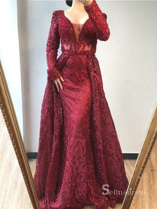 Long Sleeve V neck Burgundy Long Prom Dress Lace Beaded Evening Formal Gown SC031