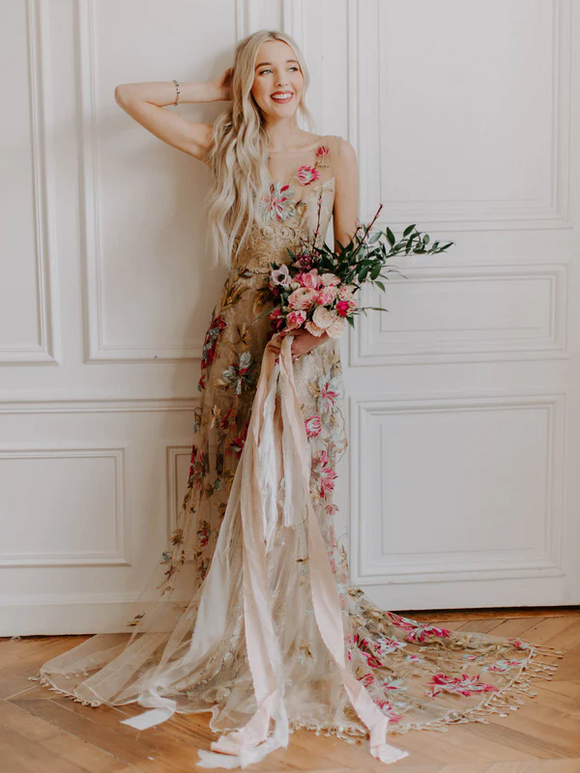 Plain Lace & Chiffon Embroidery Wedding Dress with Puff Sleeves – Avadress