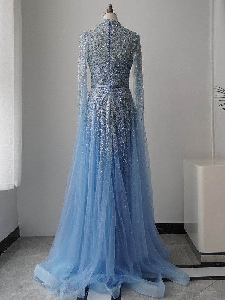 luxurious A-Line High Neck Blue Prom Dress Long Sleeve Beaded Evening SELINADRESS luxurious A-Line High Neck Blue Prom Dress Long Sleeve Beaded Evening SELINADRESS