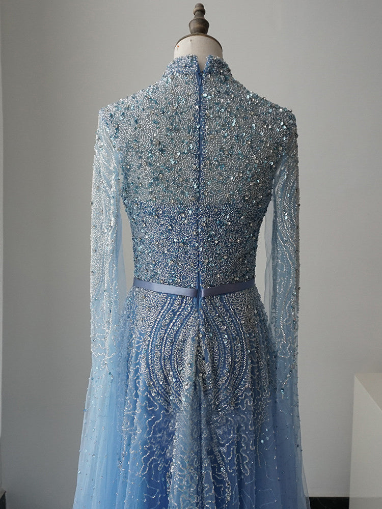 luxurious A-Line High Neck Blue Prom Dress Long Sleeve Beaded Evening SELINADRESS luxurious A-Line High Neck Blue Prom Dress Long Sleeve Beaded Evening SELINADRESS