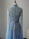 luxurious A-Line High Neck Blue Prom Dress Long Sleeve Beaded Evening Dresses GKF011|Selinadress