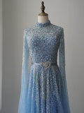 luxurious A-Line High Neck Blue Prom Dress Long Sleeve Beaded Evening Dresses GKF011|Selinadress