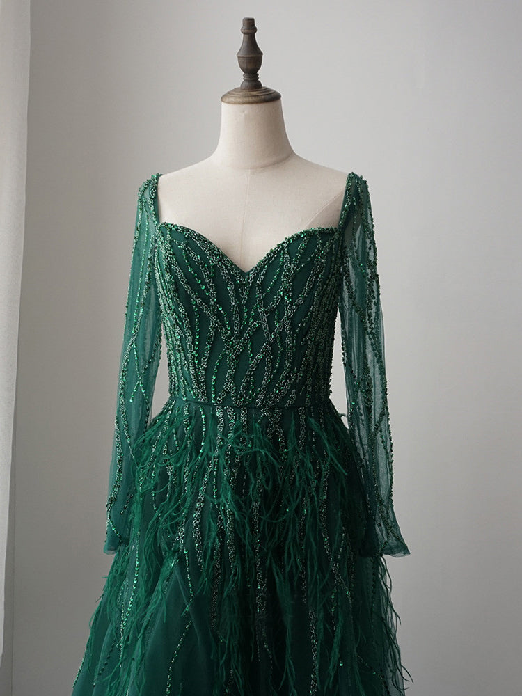 luxurious A-line Long Sleeve Green Long Prom Dress Beaded Evening Dres SELINADRESS luxurious A-line Long Sleeve Green Long Prom Dress Beaded Evening Dres SELINADRESS