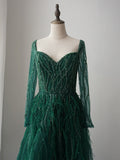 luxurious A-line Long Sleeve Green Long Prom Dress Beaded Evening Dresses GKF009|Selinadress